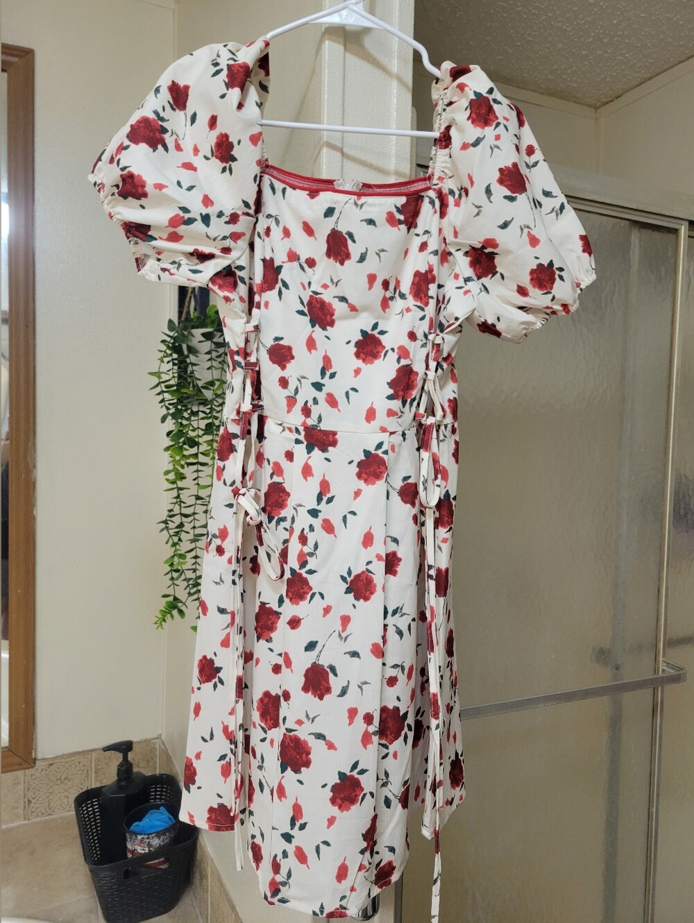 SHEIN Cream Mini Dress with Red Rose Print